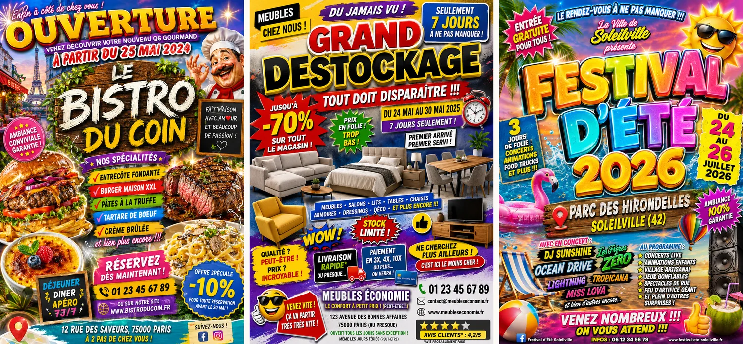 Trois flyers fictifs côte à côte pour un restaurant, un magasin de meubles et un festival : malgré des secteurs différents, le traitement graphique est identique