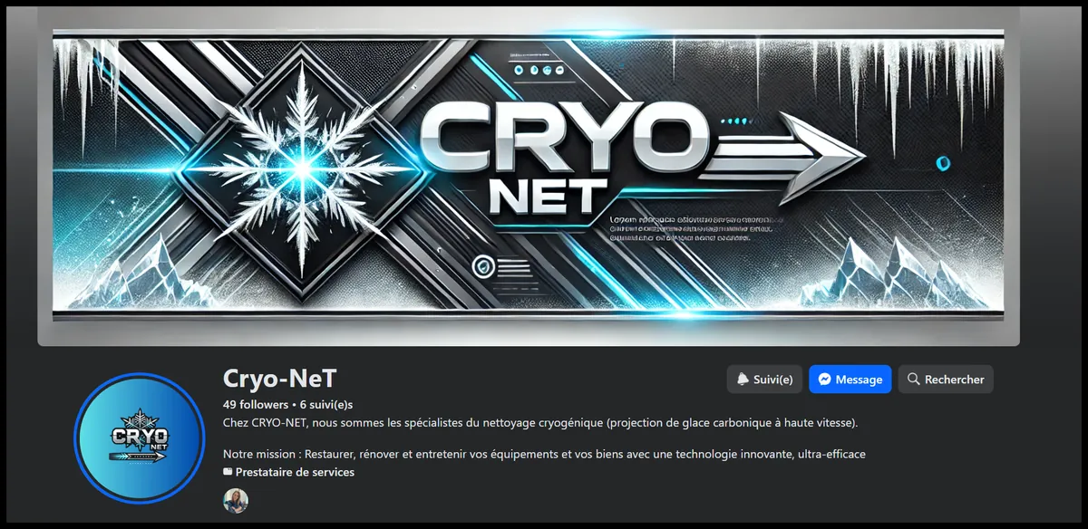 Page Facebook de Cryo-Net avec l'ancien visuel chrom&eacute; g&eacute;n&eacute;r&eacute; par IA