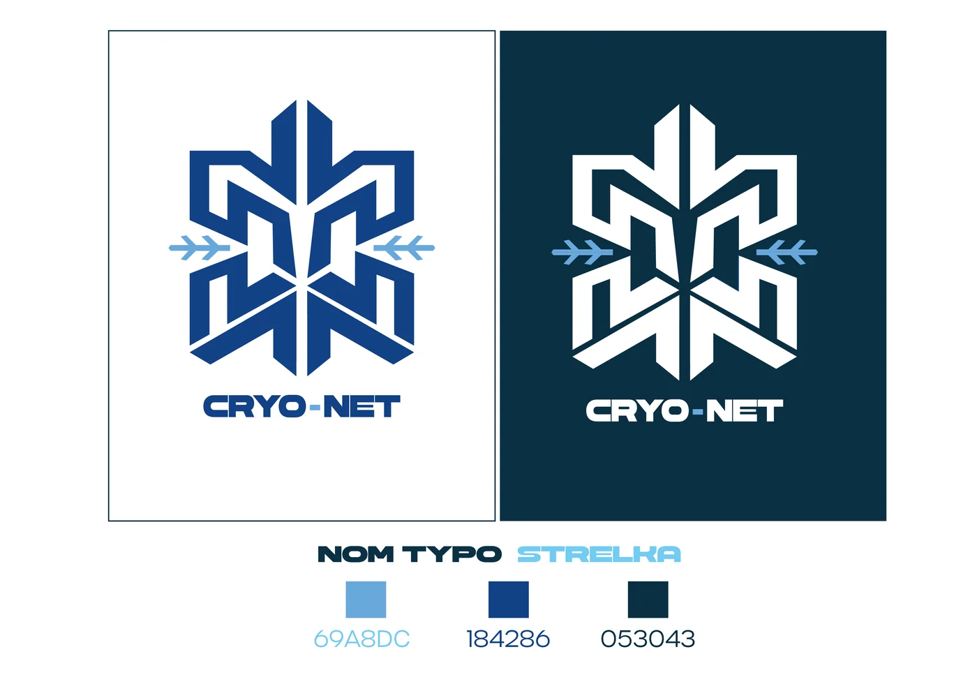 Planche de recommandation Cryo-Net&nbsp;: logo sur fond clair et sur fond sombre, typographie Strelka et trois codes couleur