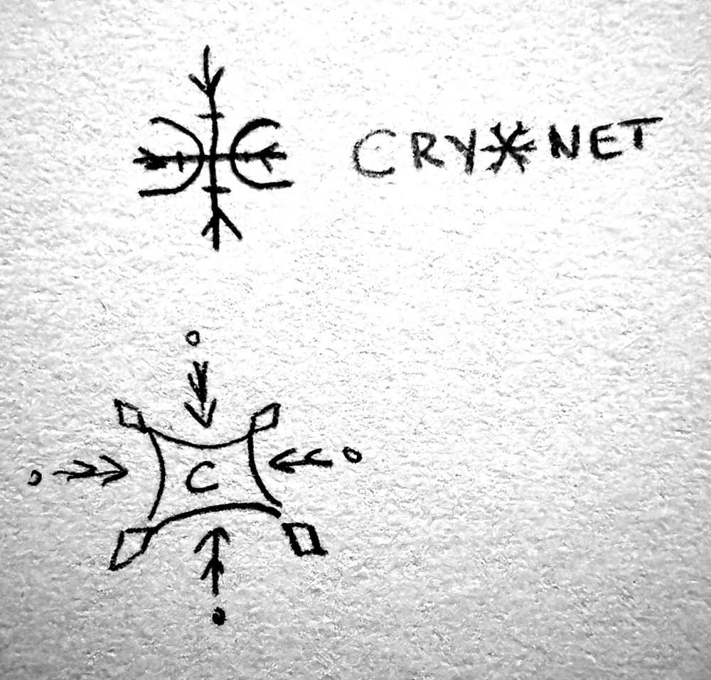 Croquis au crayon du monogramme&nbsp;: deux C dos &agrave; dos formant un flocon, entour&eacute;s de fl&egrave;ches