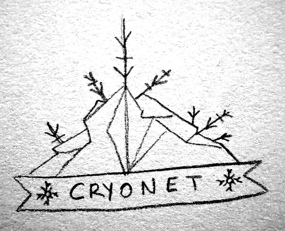 Croquis au crayon&nbsp;: montagne, sapins et bandeau portant le nom Cryonet