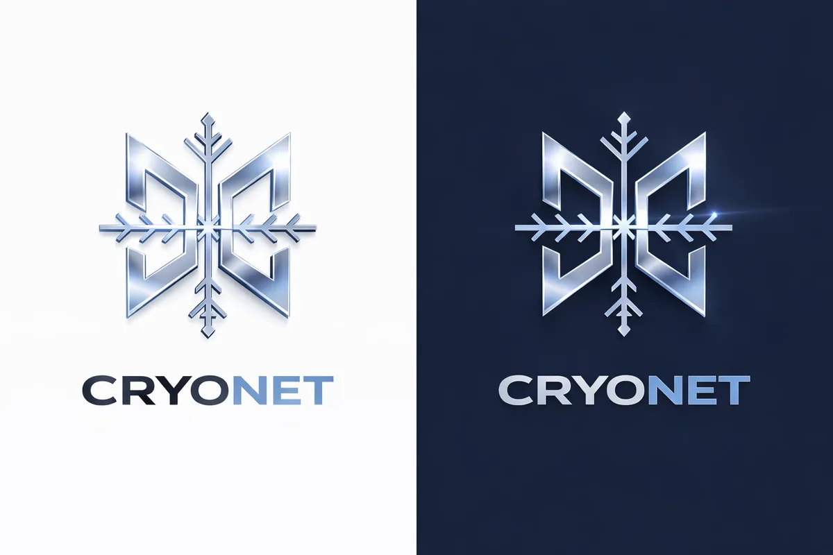 Proposition interm&eacute;diaire du logo Cryo-Net en rendu m&eacute;tallis&eacute;, sur fond clair et sur fond sombre