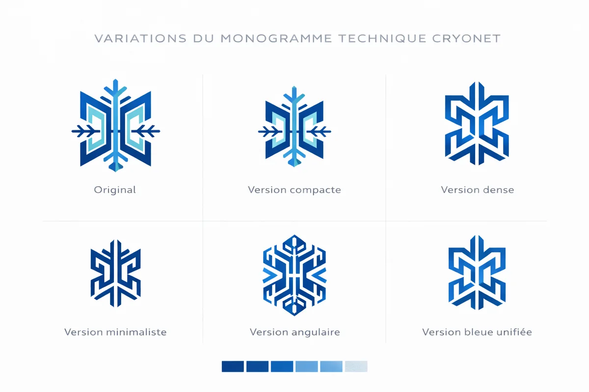 Six variations du monogramme Cryo-Net&nbsp;: originale, compacte, dense, minimaliste, angulaire et unifi&eacute;e