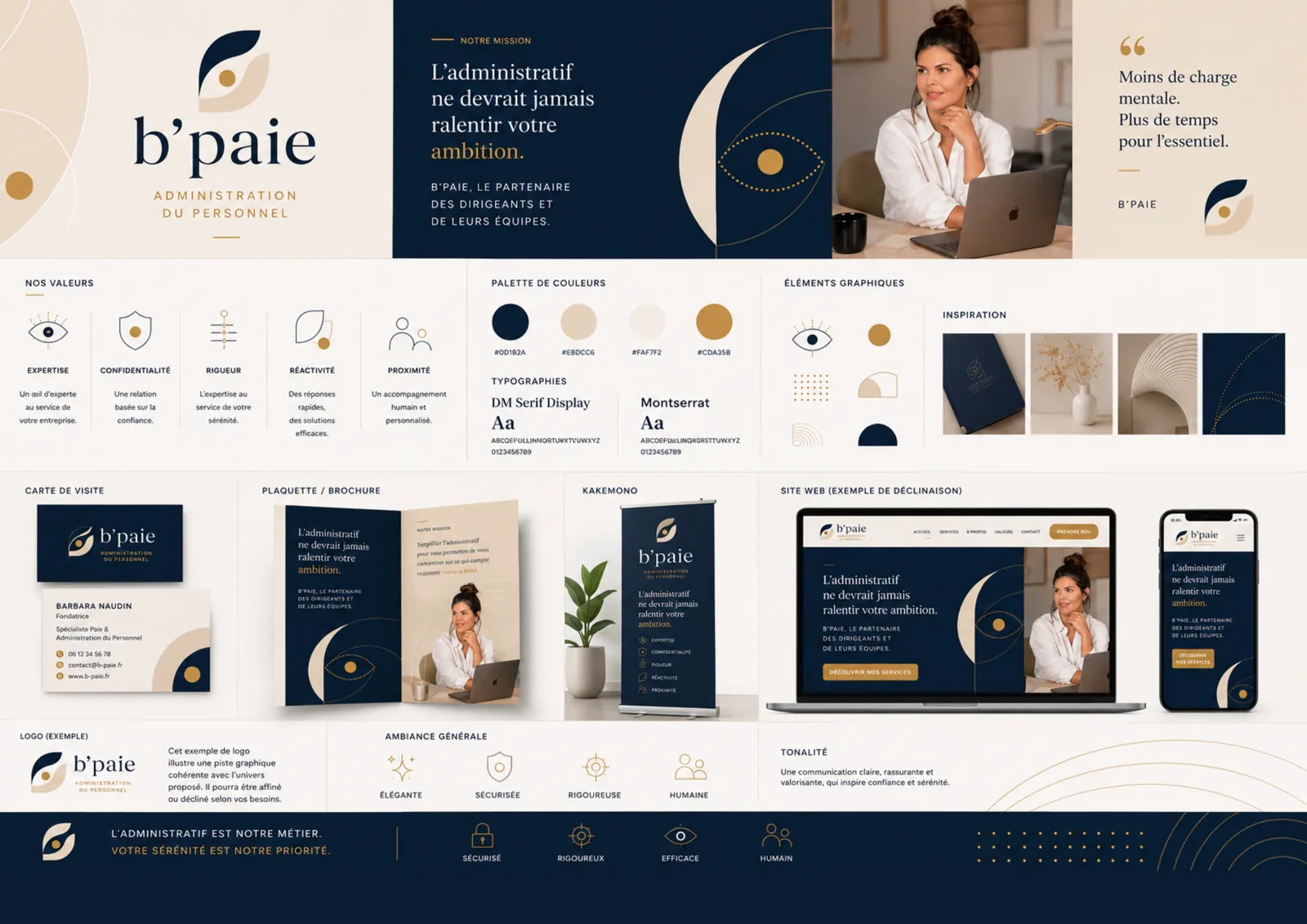 Planche de charte graphique B'paie : logo, valeurs, palette de couleurs, typographies, éléments graphiques et déclinaisons sur carte de visite, brochure, kakémono et site web