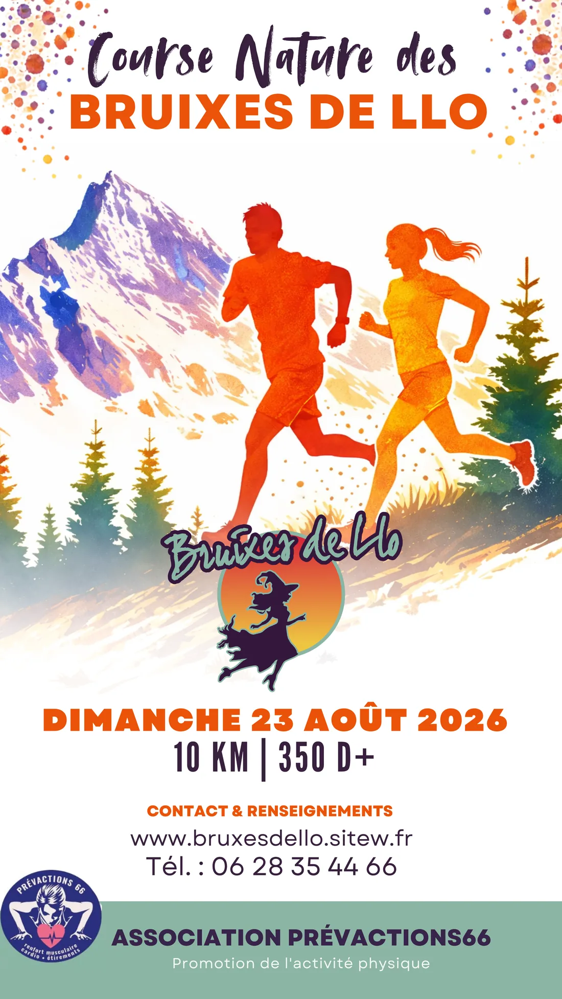 Flyer de la Course Nature des Bruixes de Llo : illustration aquarelle de montagne et de coureurs, titre, informations de course et bloc partenaires
